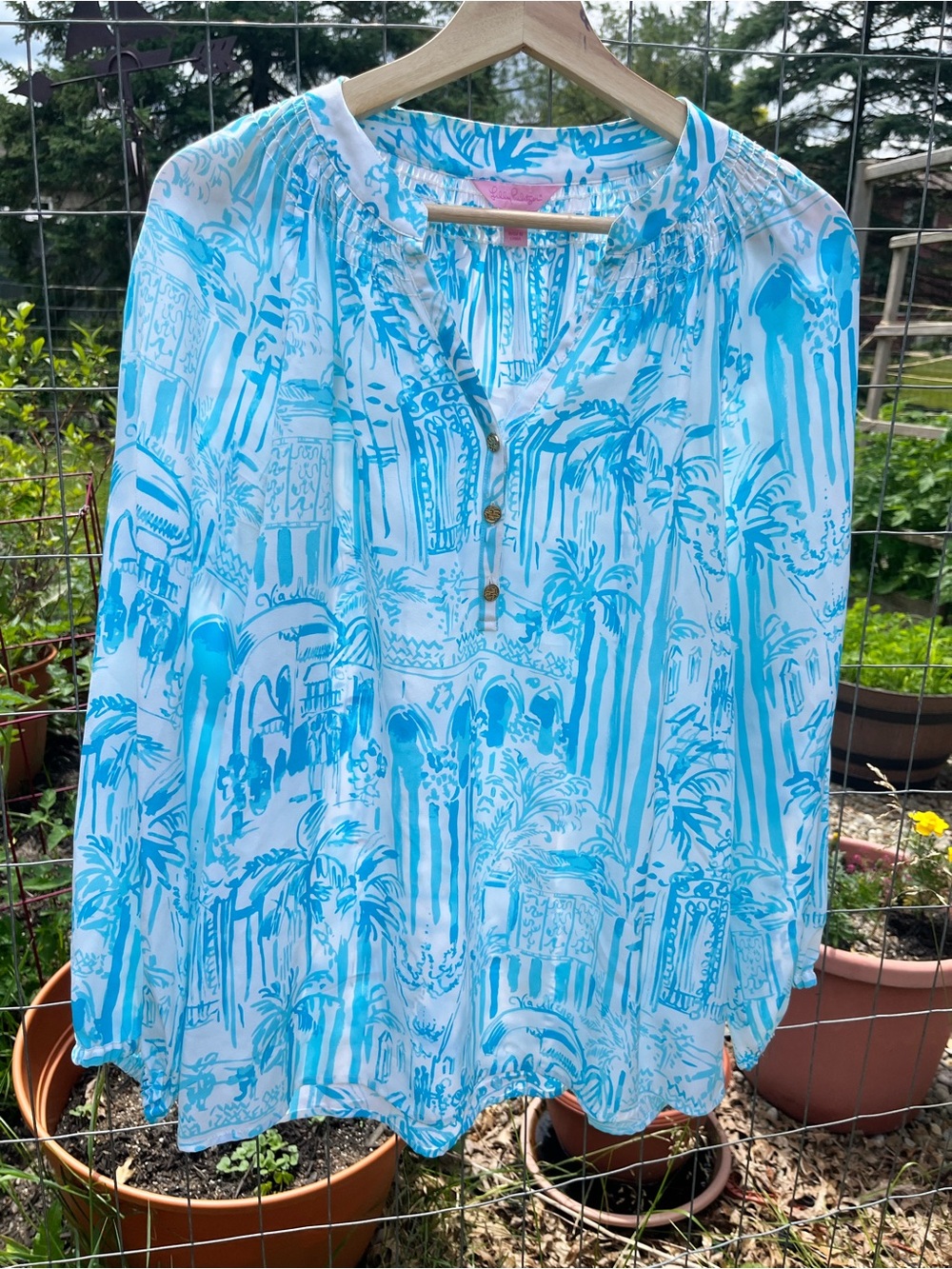 Lilly Pulitzer Eliza Silk Blue and white Peasant Blouse